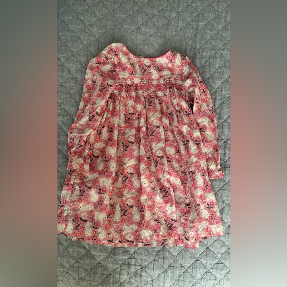 Mini Boden Girls Pink Bunny Print Smocked Dress